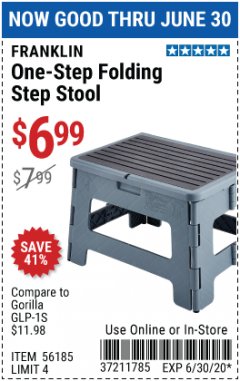 Harbor Freight Coupon FRANKLIN ONE-STEP FOLDING STEP STOOL Lot No. 56185 Expired: 6/30/20 - $6.99