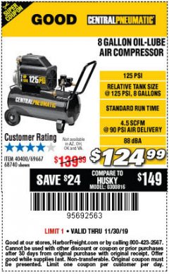 Harbor Freight Coupon 8 GALLON OIL-LUBE AIR COMPRESSOR Lot No. 40400/95386/69667/68740 Expired: 11/30/19 - $124.99