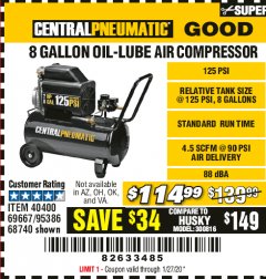 Harbor Freight Coupon 8 GALLON OIL-LUBE AIR COMPRESSOR Lot No. 40400/95386/69667/68740 Expired: 1/27/20 - $114.99