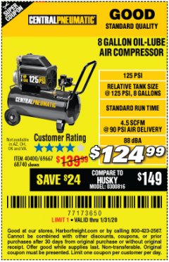 Harbor Freight Coupon 8 GALLON OIL-LUBE AIR COMPRESSOR Lot No. 40400/95386/69667/68740 Expired: 1/31/20 - $124.99