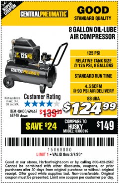 Harbor Freight Coupon 8 GALLON OIL-LUBE AIR COMPRESSOR Lot No. 40400/95386/69667/68740 Expired: 2/7/20 - $124.99