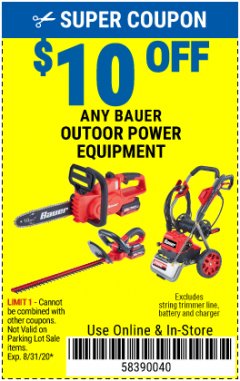Harbor Freight PERCENT Coupon $10 OFF ANY BAUER OUTDOOR TOOL Lot No. 64941,64996,64995,64940,64942 Expired: 8/31/20 - $0