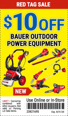 Harbor Freight Coupon $10 OFF ANY BAUER OUTDOOR TOOL Lot No. 64941,64996,64995,64940,64942 Expired: 8/31/20 - $10.99