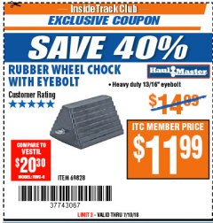 Harbor Freight ITC Coupon RUBBER WHEEL CHOCK WITH EYEBOLT Lot No. 69828/65320 Expired: 7/10/18 - $11.99