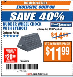 Harbor Freight ITC Coupon HAUL-MASTER WHEEL CHOCK WITH EYEBOLT Lot No. 69828 Expired: 7/10/18 - $11.99