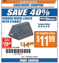 Harbor Freight ITC Coupon RUBBER WHEEL CHOCK WITH EYEBOLT Lot No. 69828/65320 Expired: 12/18/18 - $11.99