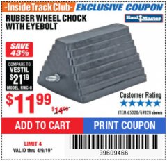 Harbor Freight ITC Coupon HAUL-MASTER WHEEL CHOCK WITH EYEBOLT Lot No. 69828 Expired: 4/9/19 - $11.29