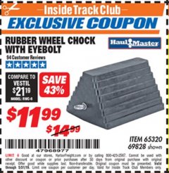 Harbor Freight ITC Coupon RUBBER WHEEL CHOCK WITH EYEBOLT Lot No. 69828/65320 Expired: 5/31/19 - $11.99