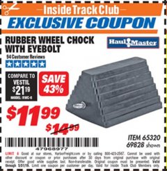 Harbor Freight ITC Coupon HAUL-MASTER WHEEL CHOCK WITH EYEBOLT Lot No. 69828 Expired: 5/31/19 - $11.99
