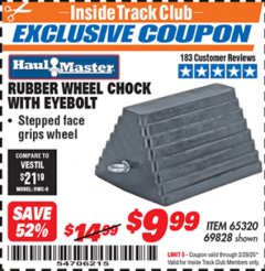 Harbor Freight ITC Coupon RUBBER WHEEL CHOCK WITH EYEBOLT Lot No. 69828/65320 Expired: 2/29/20 - $9.99