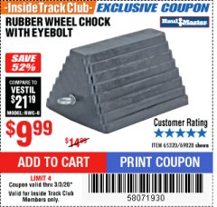 Harbor Freight ITC Coupon HAUL-MASTER WHEEL CHOCK WITH EYEBOLT Lot No. 69828 Expired: 3/3/20 - $9.99