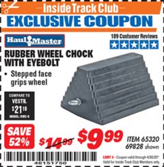Harbor Freight ITC Coupon RUBBER WHEEL CHOCK WITH EYEBOLT Lot No. 69828/65320 Expired: 4/30/20 - $9.99
