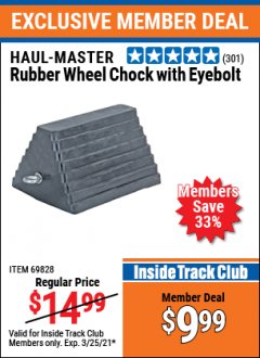 Harbor Freight ITC Coupon RUBBER WHEEL CHOCK WITH EYEBOLT Lot No. 69828/65320 Expired: 3/25/21 - $9.99