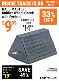 Harbor Freight ITC Coupon RUBBER WHEEL CHOCK WITH EYEBOLT Lot No. 69828/65320 Expired: 9/30/21 - $9.99