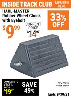Harbor Freight ITC Coupon HAUL-MASTER WHEEL CHOCK WITH EYEBOLT Lot No. 69828 Expired: 9/30/21 - $9.99