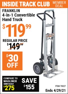 Harbor Freight ITC Coupon FRANKLIN 4-IN-1 CONVERTIBLE HAND TRUCK Lot No. 70027 Expired: 4/29/21 - $119.99
