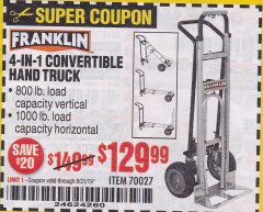 Harbor Freight Coupon FRANKLIN 4-IN-1 CONVERTIBLE HAND TRUCK Lot No. 70027 Expired: 8/31/19 - $129.99