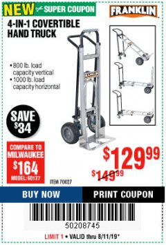 Harbor Freight Coupon FRANKLIN 4-IN-1 CONVERTIBLE HAND TRUCK Lot No. 70027 Expired: 8/11/19 - $129.99