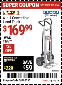 Harbor Freight Coupon FRANKLIN 4-IN-1 CONVERTIBLE HAND TRUCK Lot No. 70027 Expired: 9/4/23 - $169.99