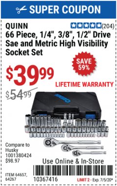 Harbor Freight Coupon 66 PIECE, 1/4", 3/8", 1/2" DRIVE SAE AND METRIC SOCKET SET Lot No. 64657,64267 Expired: 7/5/20 - $39.99