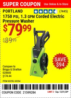 Harbor Freight Coupon $10 OFF ANY PORTLAND PRODUCT Lot No.  62630, 63075,62337, 62469,64497,62896, 63190,63254,69293, 61714 63255 Expired: 12/31/20 - $79.99