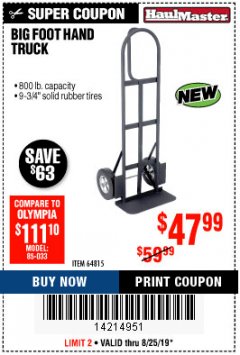 Harbor Freight Coupon 800LB, BIGFOOT HAND TRUCK Lot No. 64815 Expired: 8/25/19 - $47.99
