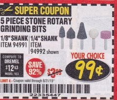 Harbor Freight Coupon 5 PIECE STONE ROTARY GRINDING BITS Lot No. 94991, 94992 Expired: 8/31/19 - $0.99