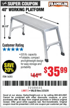 Harbor Freight Coupon 40" WORKING PLATFORM Lot No. 56203 Expired: 2/23/20 - $35.99