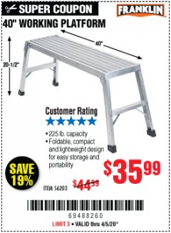 Harbor Freight Coupon 40" WORKING PLATFORM Lot No. 56203 Expired: 6/30/20 - $35