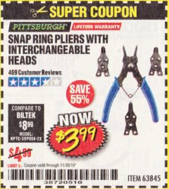 Harbor Freight Coupon SNAP RING PLIERS WITH INTERCHANGEABLE HEADS Lot No. 63845 Expired: 10/30/19 - $3.99