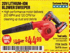 Harbor Freight Coupon BAUER 20 VOLT LITHIUM CORDLESS BLOWER Lot No. 56626/56416 Expired: 10/31/19 - $44.99