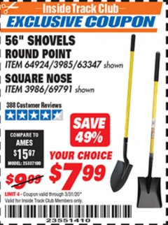 Harbor Freight ITC Coupon ONE STOP GARDENS 56 IN. ROUND POINT SHOVEL Lot No. 64924 Expired: 3/31/20 - $7.99