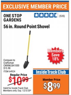 Harbor Freight ITC Coupon ONE STOP GARDENS 56 IN. ROUND POINT SHOVEL Lot No. 64924 Expired: 12/3/20 - $8.99