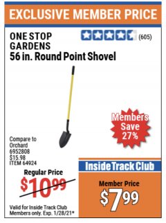 Harbor Freight ITC Coupon ONE STOP GARDENS 56 IN. ROUND POINT SHOVEL Lot No. 64924 Expired: 1/31/21 - $7.99