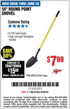 Harbor Freight Coupon ONE STOP GARDENS 56 IN. ROUND POINT SHOVEL Lot No. 64924 Expired: 6/30/20 - $7.99