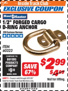 Harbor Freight ITC Coupon 1/2" FORGED CARGO D-RING ANCHOR Lot No. 60323 Expired: 3/31/20 - $2.99