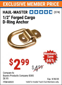 Harbor Freight ITC Coupon 1/2" FORGED CARGO D-RING ANCHOR Lot No. 60323 Expired: 9/30/20 - $2.99