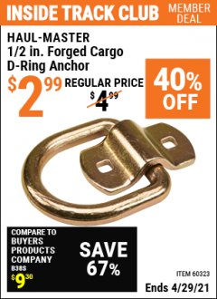 Harbor Freight ITC Coupon 1/2" FORGED CARGO D-RING ANCHOR Lot No. 60323 Expired: 4/29/21 - $2.99