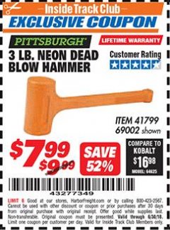 Harbor Freight ITC Coupon PITTSBURGH 3 LB. NEON ORANGE DEAD BLOW HAMMER Lot No. 69002 Expired: 6/30/18 - $7.99