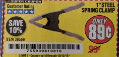 Harbor Freight Coupon 1" STEEL SPRING CLAMP Lot No. 39569 Expired: 10/12/19 - $0.89