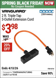 Harbor Freight Coupon VANGUARD 2 FT. TRIPLE-TAP, 3-OUTLET EXTENSION CORD Lot No. 56764/61998 Expired: 4/12/26 - $3.98