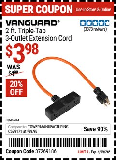 Harbor Freight Coupon VANGUARD 2 FT. TRIPLE-TAP, 3-OUTLET EXTENSION CORD Lot No. 56764/61998 Valid Thru: 4/19/26 - $3.98
