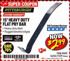 Harbor Freight Coupon 15" HEAVY DUTY FLAT PRY BAR Lot No. 60681/2529 Expired: 3/31/20 - $2.99