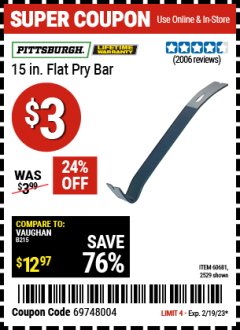 Harbor Freight Coupon 15" HEAVY DUTY FLAT PRY BAR Lot No. 60681/2529 Expired: 2/19/23 - $3