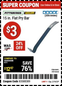 Harbor Freight Coupon 15" HEAVY DUTY FLAT PRY BAR Lot No. 60681/2529 Expired: 2/19/23 - $3