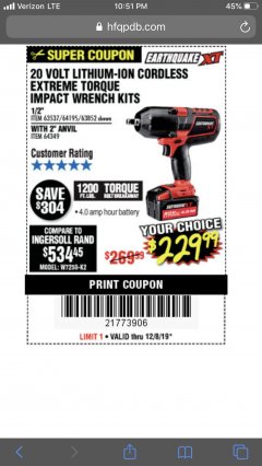 Harbor Freight FREE Coupon EARTHQUAKE XT 20 VOLT LITHIUM CORDLESS EXTREME TORQUE IMPACT WRENCH KITS Lot No. 63537/64195/63852/64349 Expired: 12/8/19 - FWP