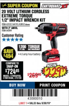 Harbor Freight Coupon EARTHQUAKE XT 20 VOLT LITHIUM CORDLESS EXTREME TORQUE IMPACT WRENCH KITS Lot No. 63537/64195/63852/64349 Expired: 9/30/19 - $229.99