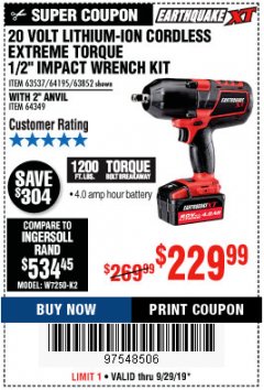 Harbor Freight Coupon EARTHQUAKE XT 20 VOLT LITHIUM CORDLESS EXTREME TORQUE IMPACT WRENCH KITS Lot No. 63537/64195/63852/64349 Expired: 9/29/19 - $229.99