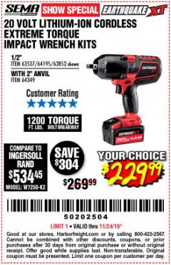 Harbor Freight Coupon EARTHQUAKE XT 20 VOLT LITHIUM CORDLESS EXTREME TORQUE IMPACT WRENCH KITS Lot No. 63537/64195/63852/64349 Expired: 11/24/19 - $229.99