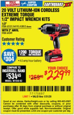 Harbor Freight Coupon EARTHQUAKE XT 20 VOLT LITHIUM CORDLESS EXTREME TORQUE IMPACT WRENCH KITS Lot No. 63537/64195/63852/64349 Expired: 1/31/20 - $229.99